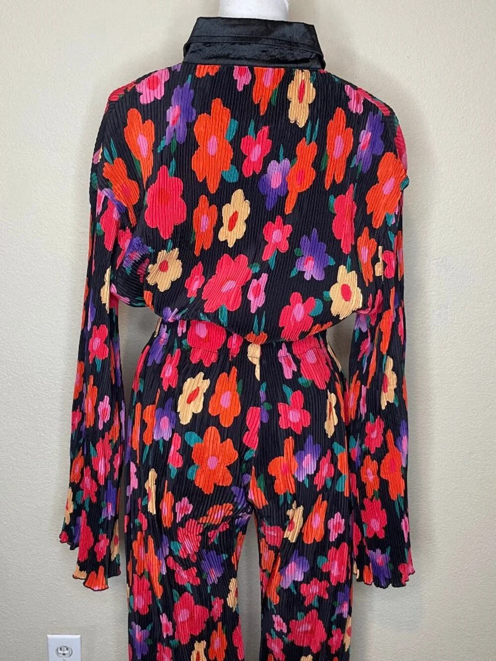 70s Retro Psych Floral Plisse Pleated 2 Piece Matching Pants Set M